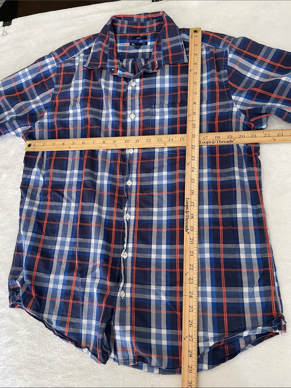 Gap Men’s slim-fit blue and orange plaid long-sleeve button-down shirt - Picture 6 of 6